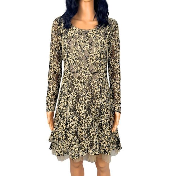 Altar'd State Black Lace Mini Dress Small Long Sleeve Tulle Fit Flare Holiday - Picture 2 of 6